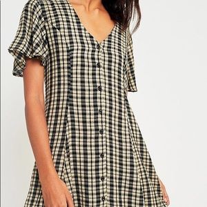 black/yellow plaid back lace-up v-neck dress